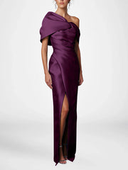 Sheath Column One Shoulder Half Sleeves Floor Length Mother Of The Bride Dresses With Ruffles