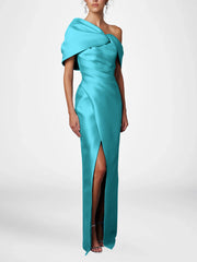 Sheath Column One Shoulder Half Sleeves Floor Length Mother Of The Bride Dresses With Ruffles