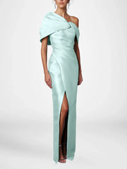Sheath Column One Shoulder Half Sleeves Floor Length Mother Of The Bride Dresses With Ruffles