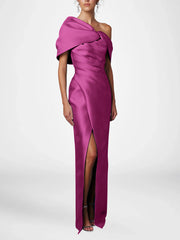 Sheath Column One Shoulder Half Sleeves Floor Length Mother Of The Bride Dresses With Ruffles
