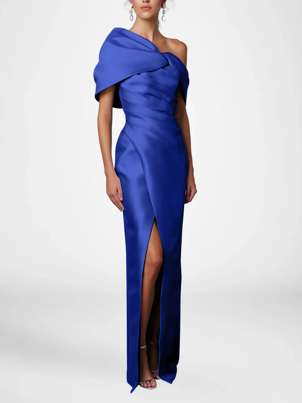 Sheath Column One Shoulder Half Sleeves Floor Length Mother Of The Bride Dresses With Ruffles