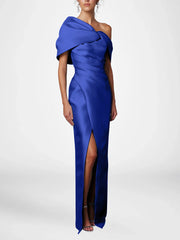 Sheath Column One Shoulder Half Sleeves Floor Length Mother Of The Bride Dresses With Ruffles