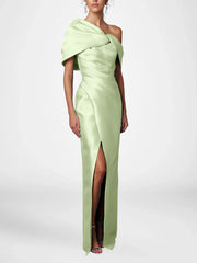 Sheath Column One Shoulder Half Sleeves Floor Length Mother Of The Bride Dresses With Ruffles