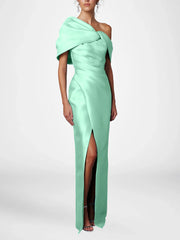 Sheath Column One Shoulder Half Sleeves Floor Length Mother Of The Bride Dresses With Ruffles