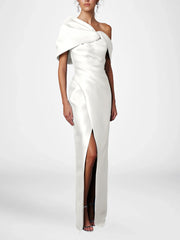 Sheath Column One Shoulder Half Sleeves Floor Length Mother Of The Bride Dresses With Ruffles