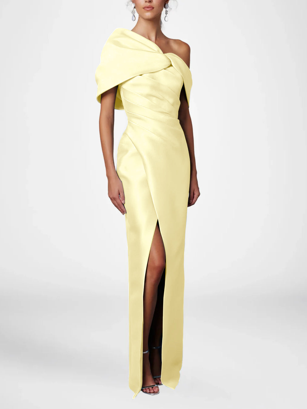 Sheath Column One Shoulder Half Sleeves Floor Length Mother Of The Bride Dresses With Ruffles