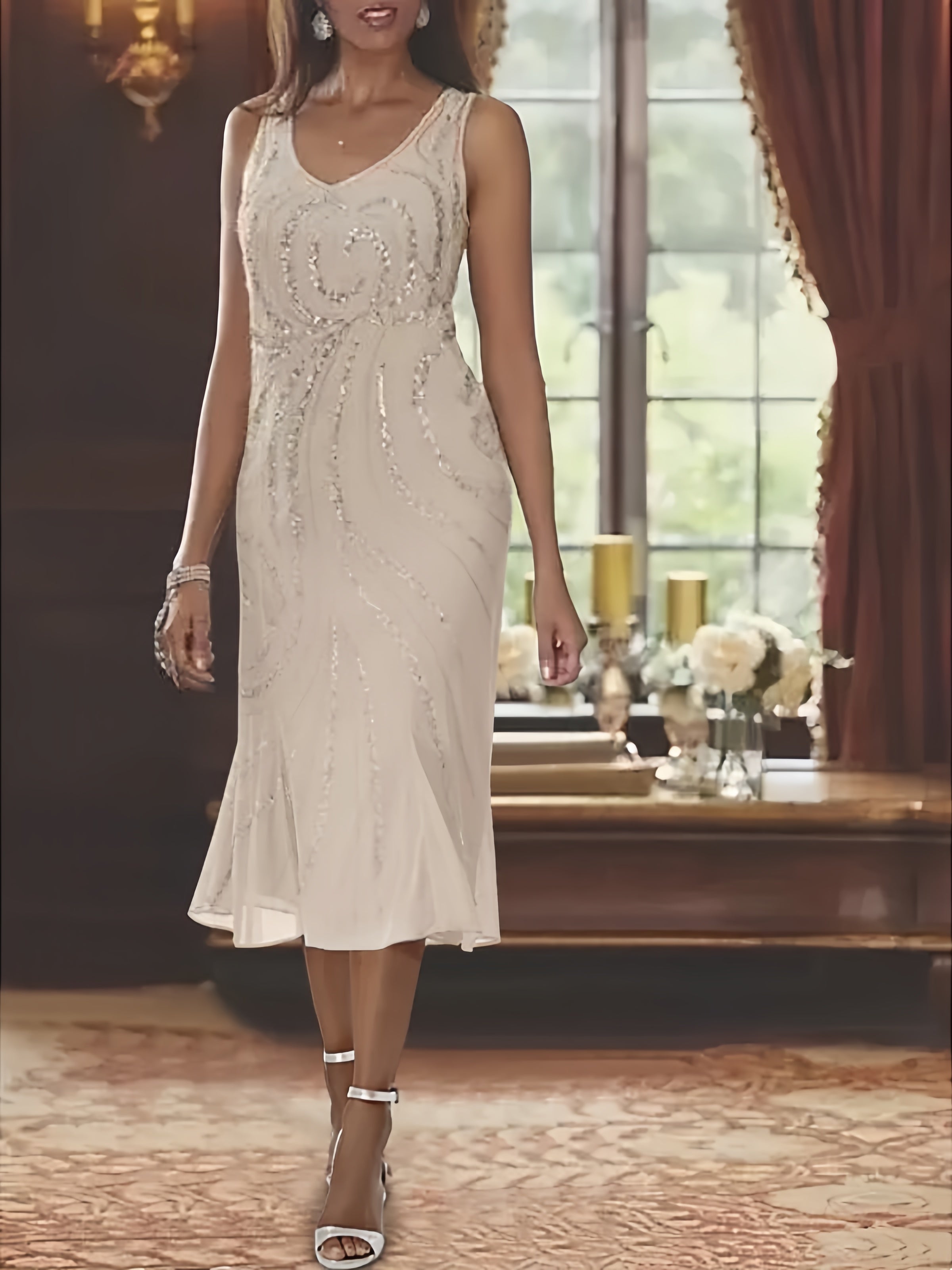 Chiffon 2 Pieces V Neck Knee Length Mother Of The Bride Dresses With Jacket Sequins Beading