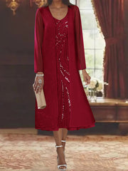 Sheath Column V Neck Long Sleeves Tea Length Mother Of The Bride Dresses With Jacket Sequins Beading