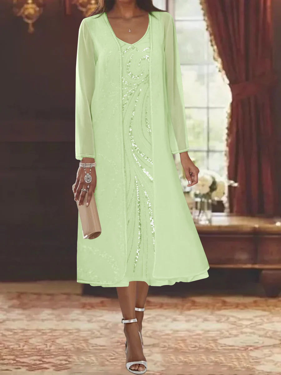 Sheath Column V Neck Long Sleeves Tea Length Mother Of The Bride Dresses With Jacket Sequins Beading