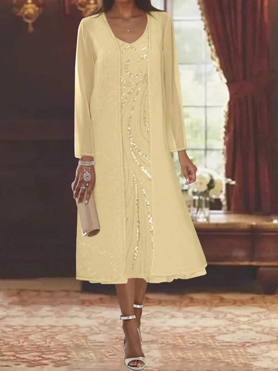 Sheath Column V Neck Long Sleeves Tea Length Mother Of The Bride Dresses With Jacket Sequins Beading