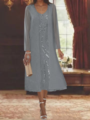 Sheath Column V Neck Long Sleeves Tea Length Mother Of The Bride Dresses With Jacket Sequins Beading