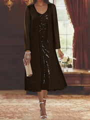 Sheath Column V Neck Long Sleeves Tea Length Mother Of The Bride Dresses With Jacket Sequins Beading