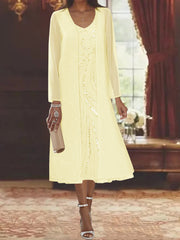 Sheath Column V Neck Long Sleeves Tea Length Mother Of The Bride Dresses With Jacket Sequins Beading