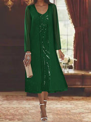 Sheath Column V Neck Long Sleeves Tea Length Mother Of The Bride Dresses With Jacket Sequins Beading