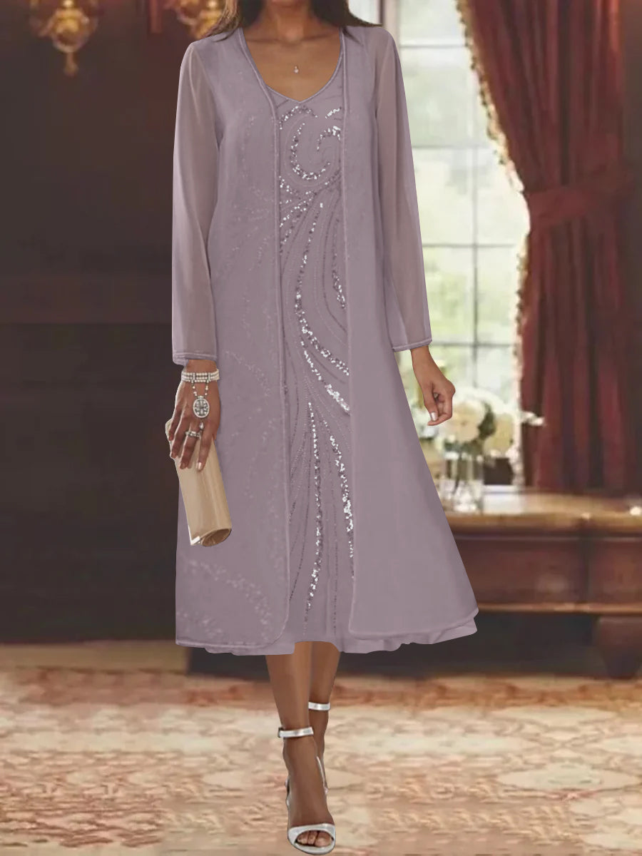 Sheath Column V Neck Long Sleeves Tea Length Mother Of The Bride Dresses With Jacket Sequins Beading