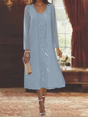 Sheath Column V Neck Long Sleeves Tea Length Mother Of The Bride Dresses With Jacket Sequins Beading