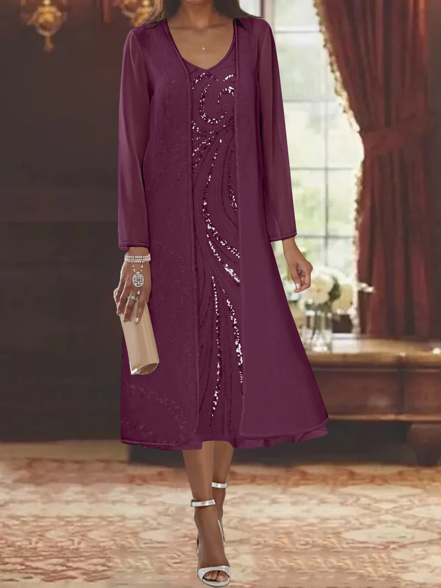 Sheath Column V Neck Long Sleeves Tea Length Mother Of The Bride Dresses With Jacket Sequins Beading