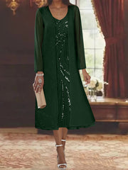 Sheath Column V Neck Long Sleeves Tea Length Mother Of The Bride Dresses With Jacket Sequins Beading