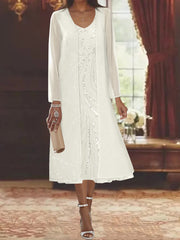 Sheath Column V Neck Long Sleeves Tea Length Mother Of The Bride Dresses With Jacket Sequins Beading