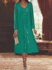 Sheath Column V Neck Long Sleeves Tea Length Mother Of The Bride Dresses With Jacket Sequins Beading