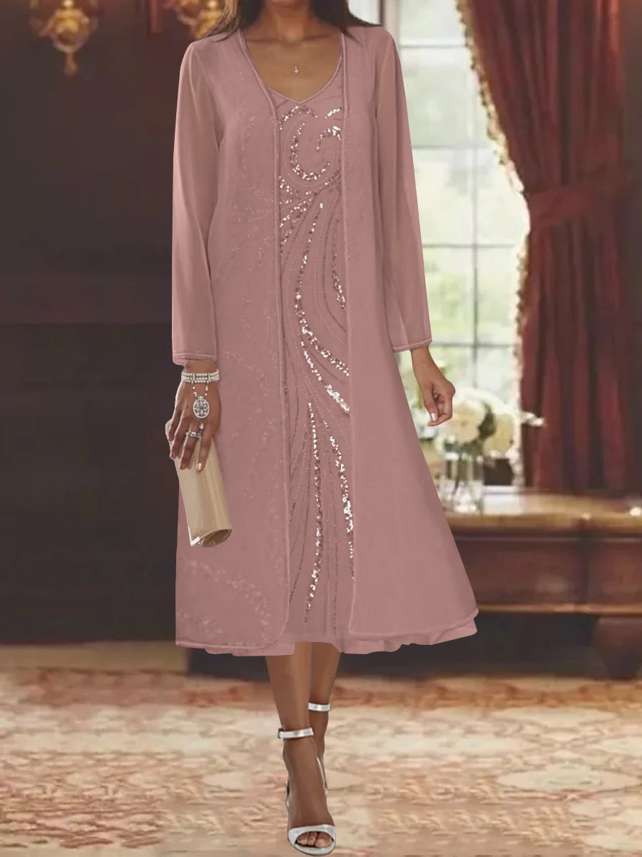 Sheath Column V Neck Long Sleeves Tea Length Mother Of The Bride Dresses With Jacket Sequins Beading