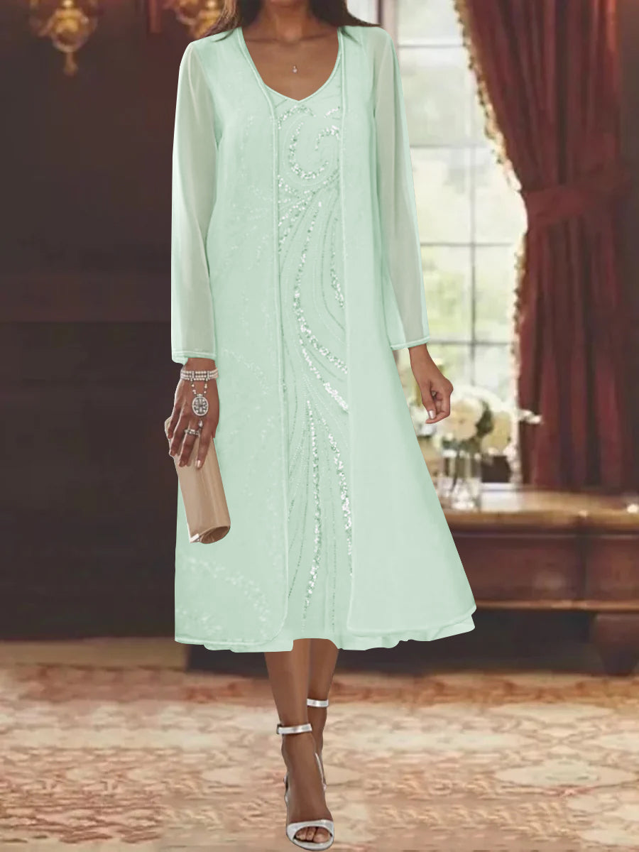 Sheath Column V Neck Long Sleeves Tea Length Mother Of The Bride Dresses With Jacket Sequins Beading