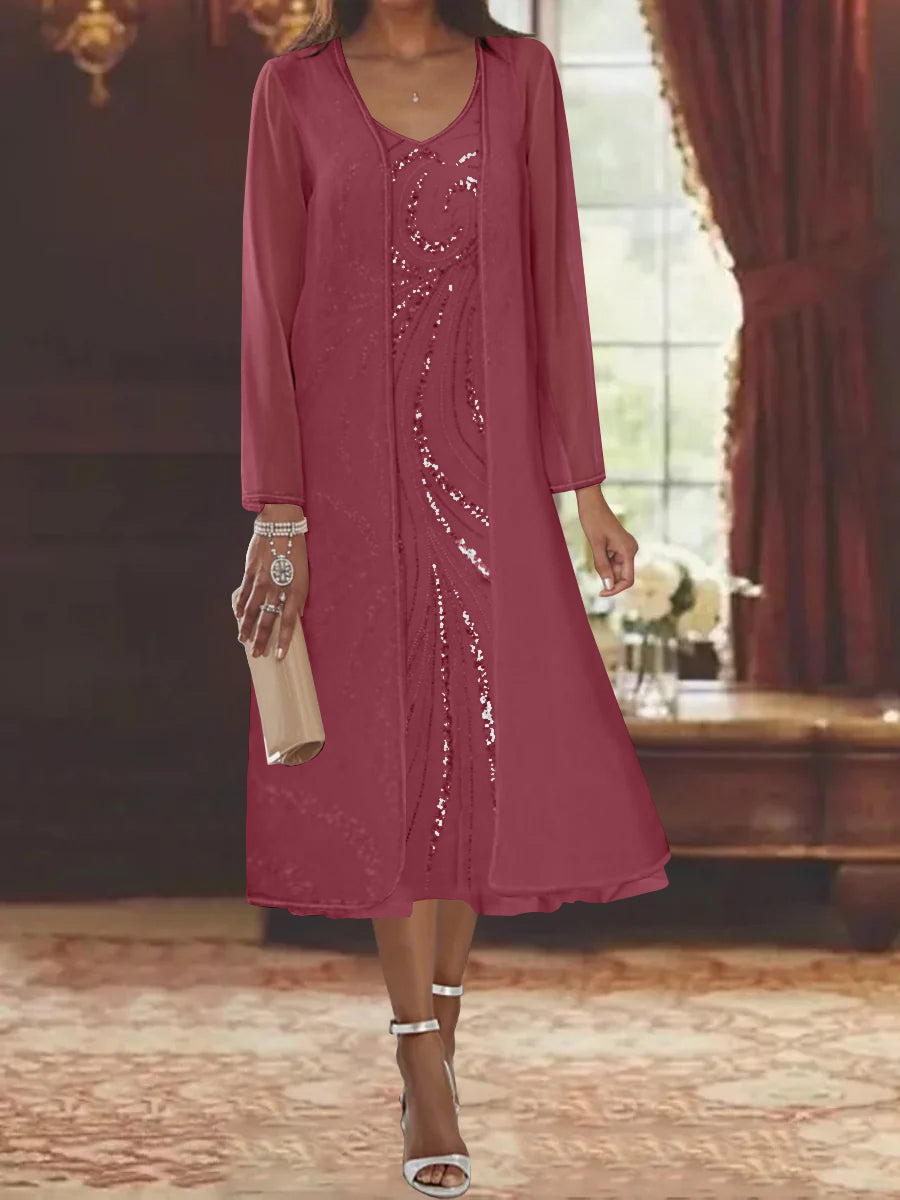 Sheath Column V Neck Long Sleeves Tea Length Mother Of The Bride Dresses With Jacket Sequins Beading