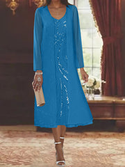 Sheath Column V Neck Long Sleeves Tea Length Mother Of The Bride Dresses With Jacket Sequins Beading