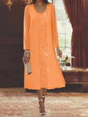 Sheath Column V Neck Long Sleeves Tea Length Mother Of The Bride Dresses With Jacket Sequins Beading