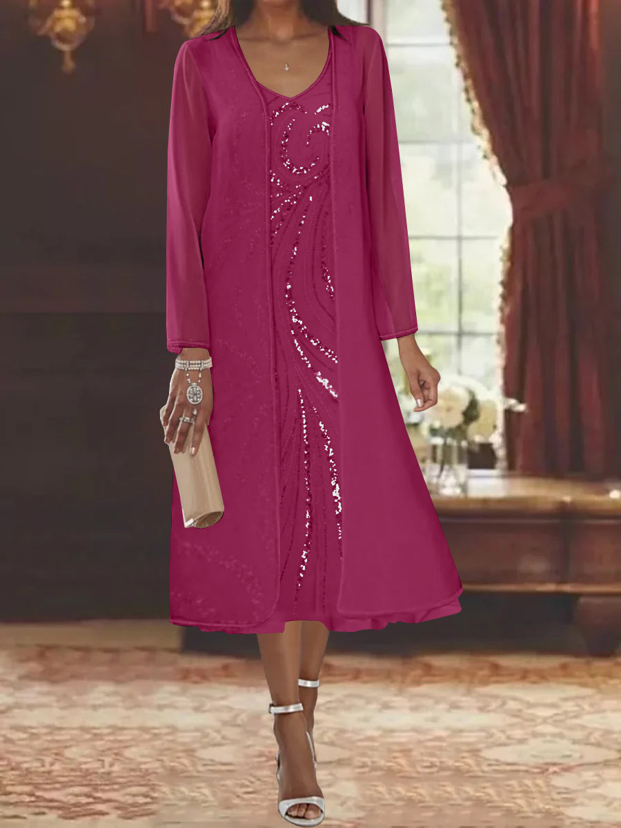 Sheath Column V Neck Long Sleeves Tea Length Mother Of The Bride Dresses With Jacket Sequins Beading