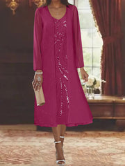 Sheath Column V Neck Long Sleeves Tea Length Mother Of The Bride Dresses With Jacket Sequins Beading