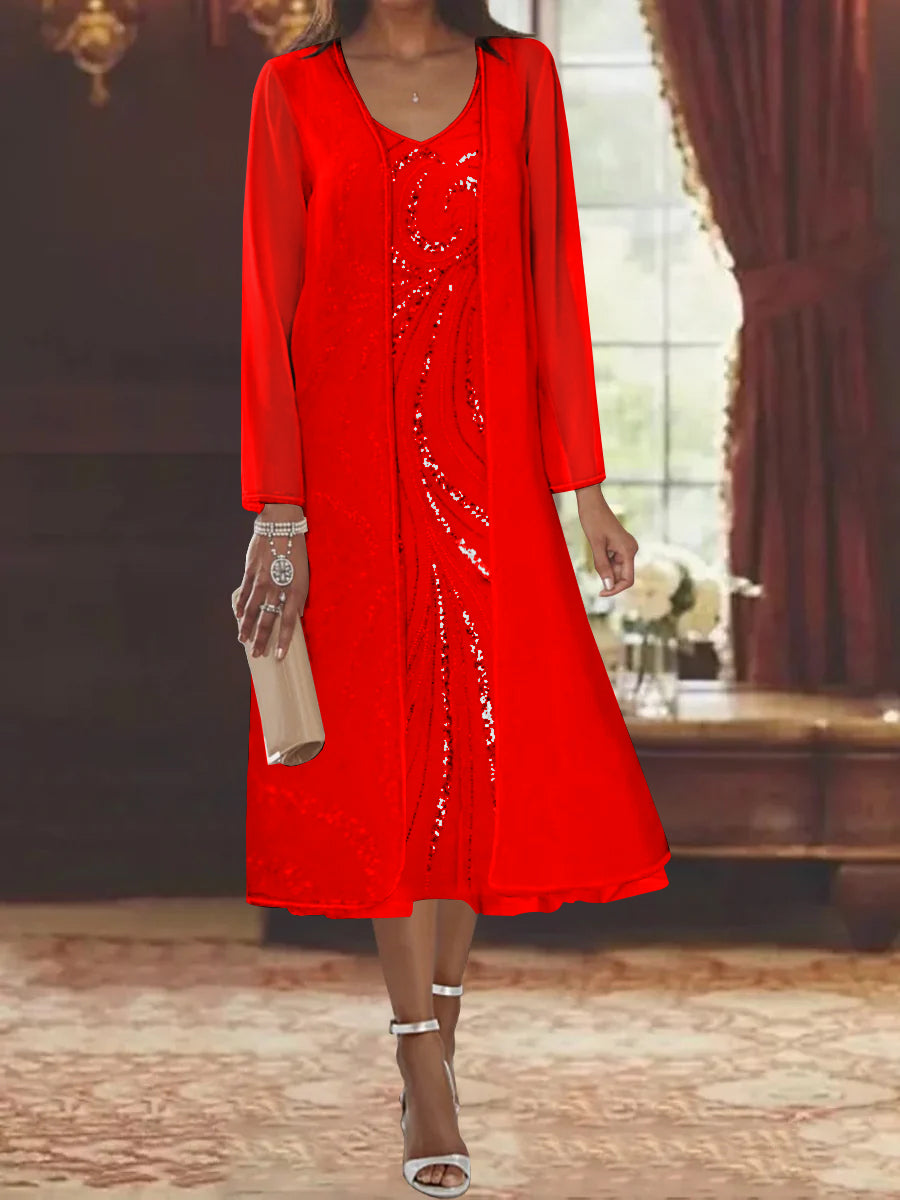 Sheath Column V Neck Long Sleeves Tea Length Mother Of The Bride Dresses With Jacket Sequins Beading