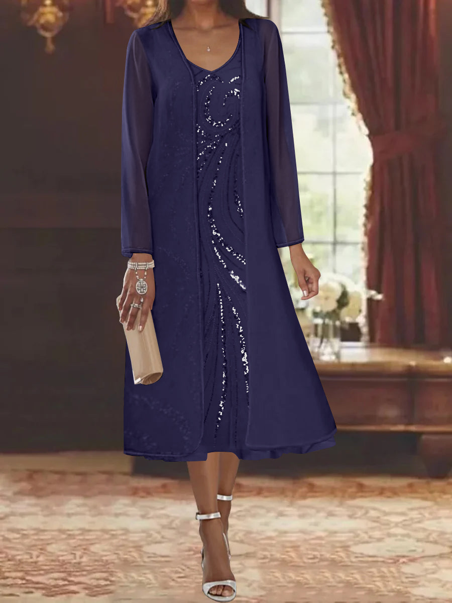 Sheath Column V Neck Long Sleeves Tea Length Mother Of The Bride Dresses With Jacket Sequins Beading