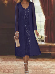 Sheath Column V Neck Long Sleeves Tea Length Mother Of The Bride Dresses With Jacket Sequins Beading