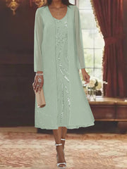 Sheath Column V Neck Long Sleeves Tea Length Mother Of The Bride Dresses With Jacket Sequins Beading