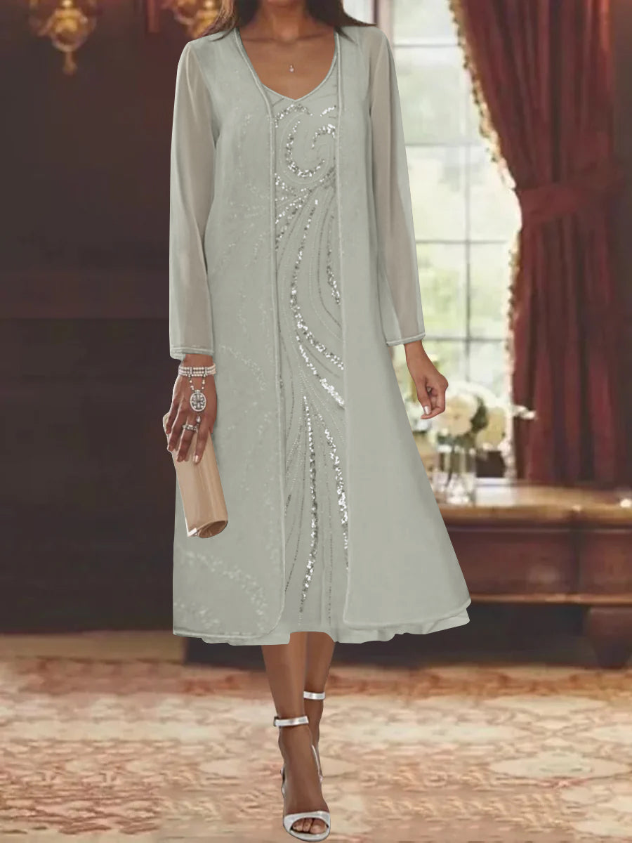 Sheath Column V Neck Long Sleeves Tea Length Mother Of The Bride Dresses With Jacket Sequins Beading