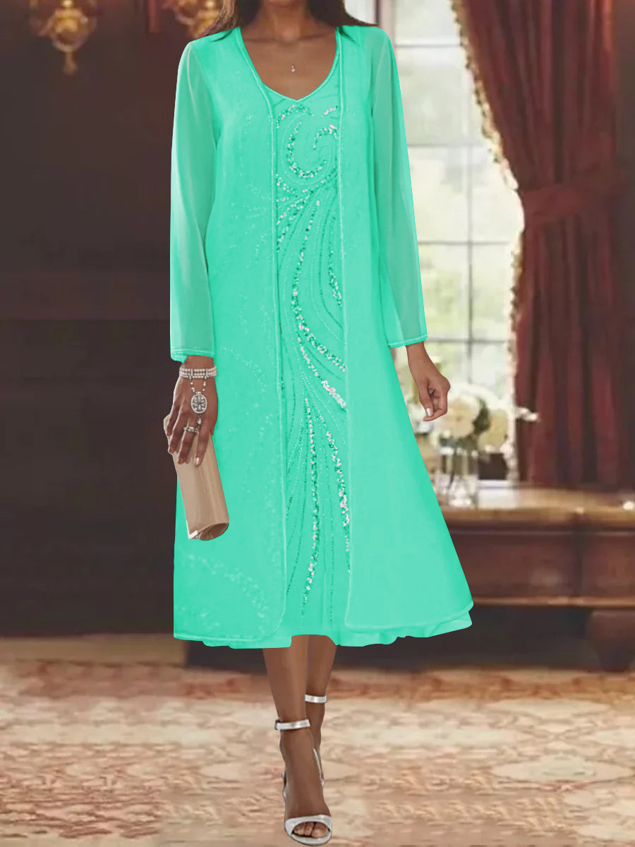 Sheath Column V Neck Long Sleeves Tea Length Mother Of The Bride Dresses With Jacket Sequins Beading