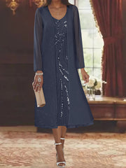 Sheath Column V Neck Long Sleeves Tea Length Mother Of The Bride Dresses With Jacket Sequins Beading