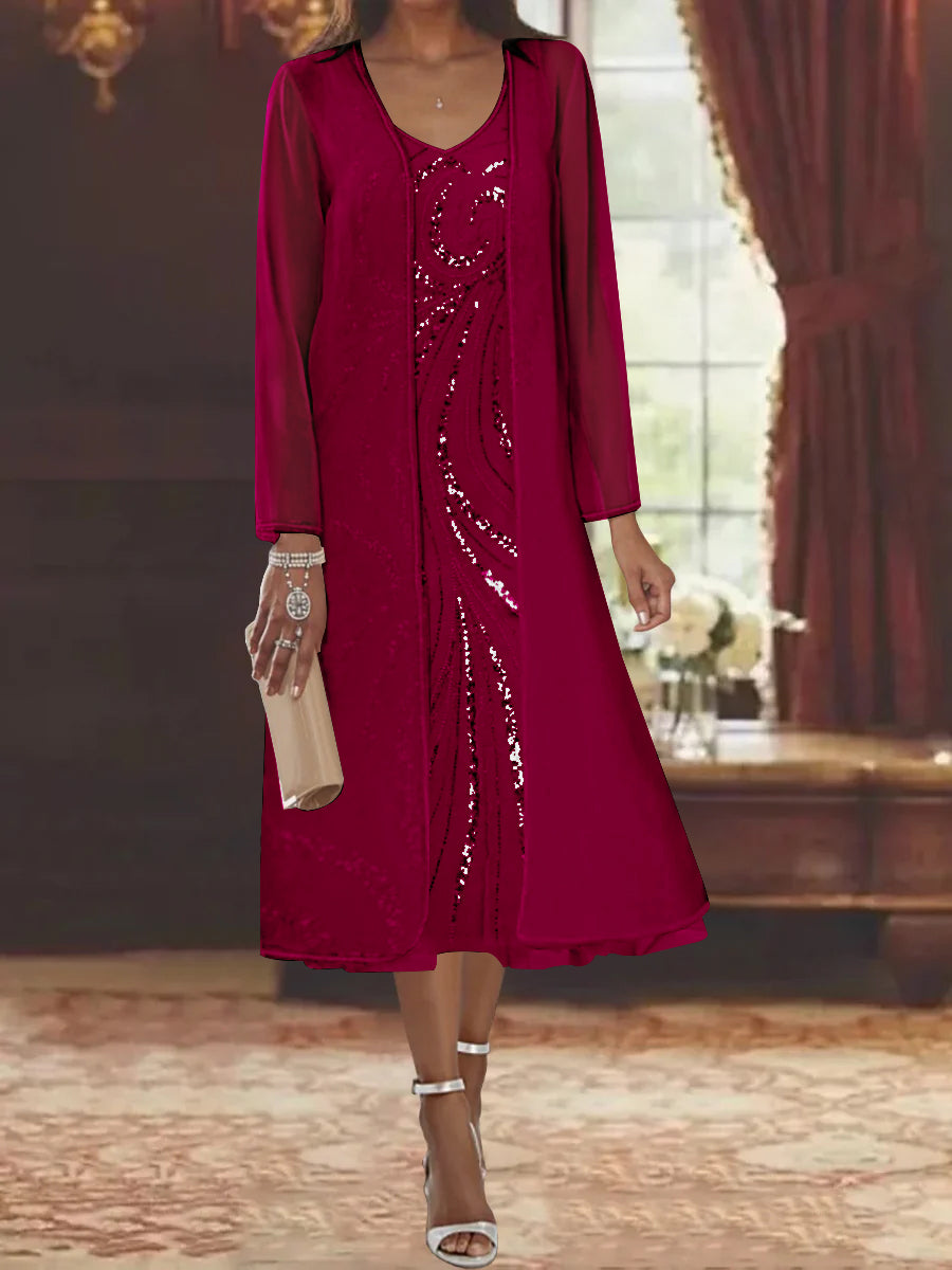 Sheath Column V Neck Long Sleeves Tea Length Mother Of The Bride Dresses With Jacket Sequins Beading