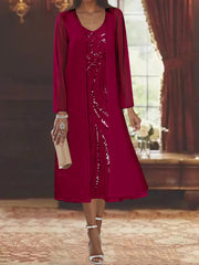 Sheath Column V Neck Long Sleeves Tea Length Mother Of The Bride Dresses With Jacket Sequins Beading