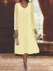 Sheath Column V Neck Long Sleeves Tea Length Mother Of The Bride Dresses With Jacket Sequins Beading