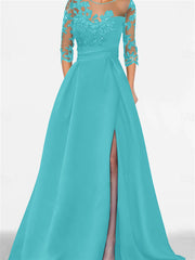 A Line Princess Sweetheart 3 4 Sleeves Floor Length Mother Of The Bride Dresses With Lace Split Side