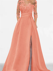 A Line Princess Sweetheart 3 4 Sleeves Floor Length Mother Of The Bride Dresses With Lace Split Side