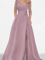 A Line Princess Sweetheart 3 4 Sleeves Floor Length Mother Of The Bride Dresses With Lace Split Side