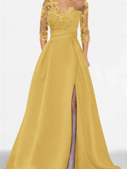 A Line Princess Sweetheart 3 4 Sleeves Floor Length Mother Of The Bride Dresses With Lace Split Side