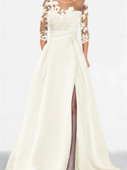 A Line Princess Sweetheart 3 4 Sleeves Floor Length Mother Of The Bride Dresses With Lace Split Side