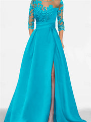 A Line Princess Sweetheart 3 4 Sleeves Floor Length Mother Of The Bride Dresses With Lace Split Side