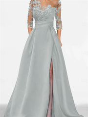 A Line Princess Sweetheart 3 4 Sleeves Floor Length Mother Of The Bride Dresses With Lace Split Side