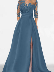 A Line Princess Sweetheart 3 4 Sleeves Floor Length Mother Of The Bride Dresses With Lace Split Side