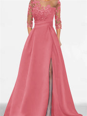 A Line Princess Sweetheart 3 4 Sleeves Floor Length Mother Of The Bride Dresses With Lace Split Side
